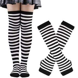 Detail of black and white striped long socks and matching arm sleeves for cosplay