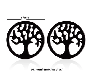Close-up of 10mm black tree of life stainless steel stud earrings on white background