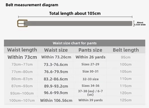 Detailed size chart for women's PU belt showing length and waist measurements
