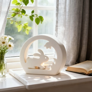 Detail of white matte ceramic rabbit silhouette tea light candle holder for home decor