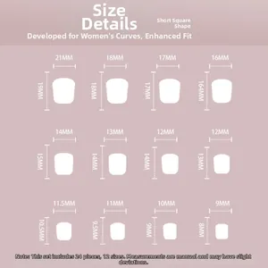 Size chart detail for short square press-on nails showing 12 dimensions for 24 piece set