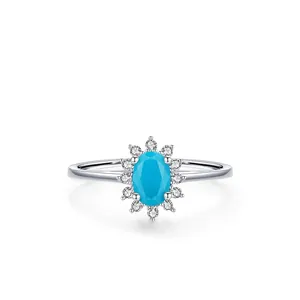 S925 sterling silver crown ring featuring oval turquoise and sparkling halo accents