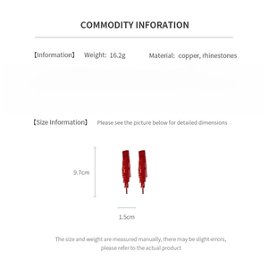 Detailed dimension guide for long red rhinestone tassel earrings showing length and weight