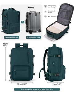 Detalle de la mochila de viaje verde oscuro de 40L con dimensiones y funciones