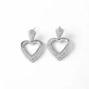 Silver hollow heart drop earrings with pave zircons and diamond studs for women
