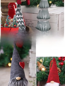 Detail of Christmas gnomes and green cone tree decorations made of felt and knit fabric