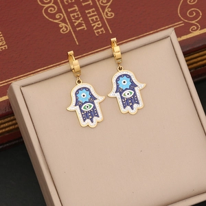 Gold Hamsa Hand blue enamel drop earrings with evil eye pattern and sparkling accents