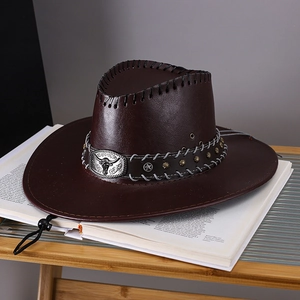 Vintage dark brown leather western cowboy hat with cattle head buckle and hand-stitched brim