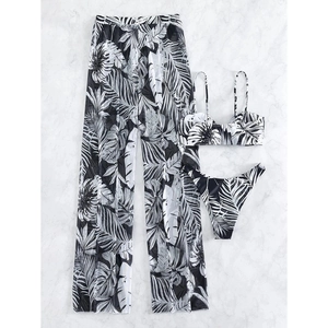 Three-piece bikini set with tropical palm leaf print and sheer mesh wide-leg pants