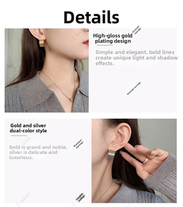 Detail view of high-shine gold and silver ribbed hoop earrings with a textured surface