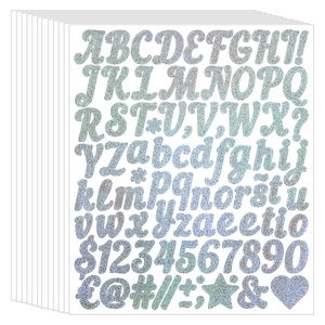 Close-up of 10 sheets holographic silver glitter alphabet and number stickers set