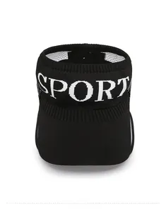 Detail of black sport visor with mesh lining and white SPORT jacquard lettering