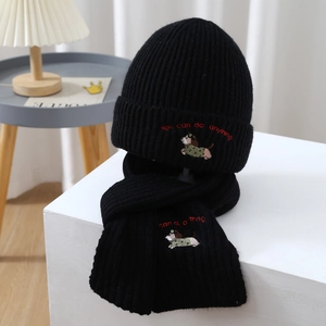 Winter knitted black dog hat and scarf set with colorful embroidery for kids