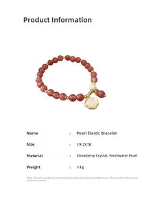 Detail of pink strawberry quartz bracelet with freshwater pearl and golden beads