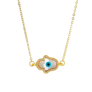 Golden Hamsa Hand necklace with natural mother of pearl and blue Evil Eye pendant