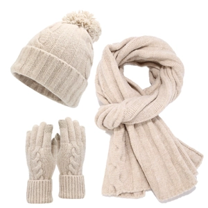 Classic beige cable knit winter set including beanie, scarf, and gloves for women