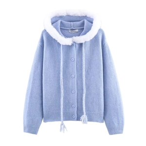 Women's light blue knit hooded cardigan with white faux fur trim and tassels