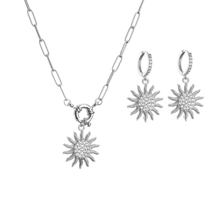 Parure de bijoux soleil en argent avec collier trombone et boucles d'oreilles zircon
