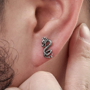 Men's vintage silver stainless steel dragon ear stud featuring intricate scale details