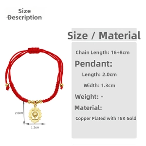 Detail of red braided cord bracelet with 18K gold plated heart and cross pendant size guide