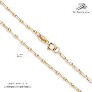 Macro detail of a 0.15cm 925 sterling silver gold plated chain with S925 hallmark