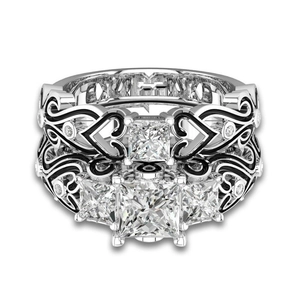 Luxe gotische ringenset met prinsesgeslepen zirkonia en vintage zwart emaille decor