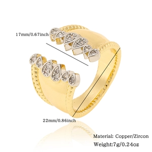 Detail view of adjustable gold ring dimensions with copper and cubic zirconia specs