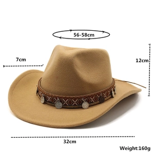 Camel wool western cowboy hat with ethnic braided band and size dimensions on white backdrop