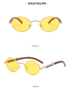 Detailed front and side views of vintage round gold sunglasses with yellow lenses