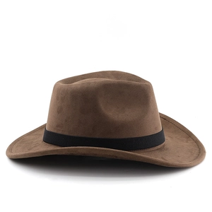 Detail view of the wide brim fedora hat featuring a suede texture and black ribbon band