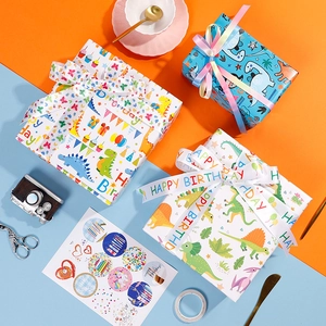 Cartoon dinosaur gift wrapping paper set with colorful ribbons and matching stickers