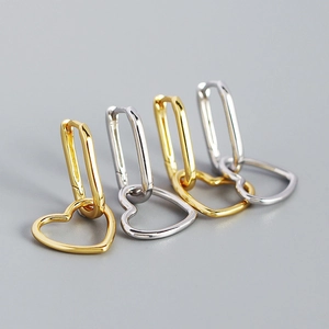 Minimalist S925 silver geometric hoop earrings with hollow heart pendants in gold and silver