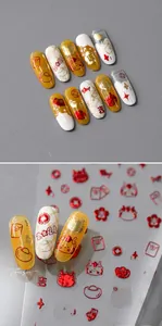 Macro detail of 2024 Chinese New Year nail stickers with embossed gold dragon and red motifs