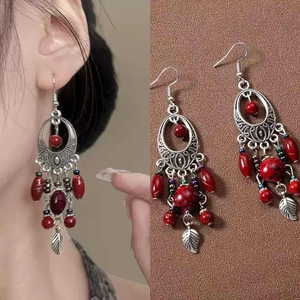 Bohemian Ethnic Drop Earrings Alloy Hollow Oval Acrylic Beads Leaf Pendant Silver Earring Post Women Vintage Style