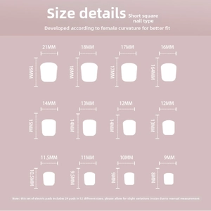 Size chart showing 12 dimensions for short square French press-on nails set