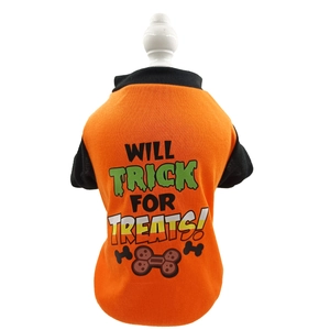 Detail of Halloween pet T-shirt with Will Trick For Treats print and orange-black design