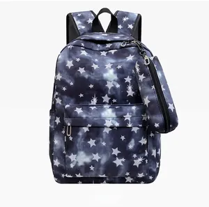 Detail of navy blue starry sky print backpack with matching pencil case set