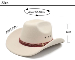 Détails d'un chapeau de cowboy crème montrant les dimensions du tour de tête et du bord