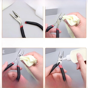 Detailed four-step visual guide for beading pliers maintenance and anti-rust care