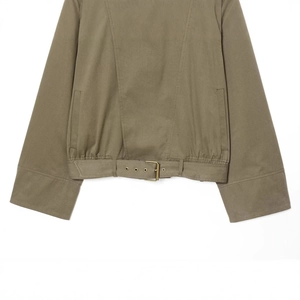 Olive green cropped high-neck jacket with belted waist and metallic bronze buckles
