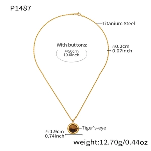 Détails du collier en acier inoxydable plaqué or 18k avec pierre œil de tigre et mesures