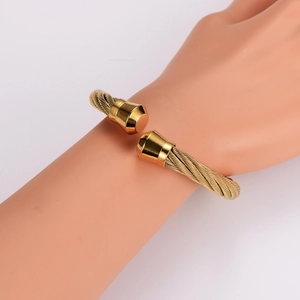 Adjustable golden stainless steel cable wire C-shaped open cuff bracelet for men and women