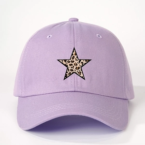 Lavender cotton baseball cap featuring a leopard print star with adjustable outdoor fit