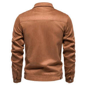 Men's brown suede jacket with classic lapel collar and adjustable hem buckles, back view