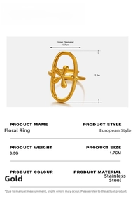 Detail specifications of golden stainless steel oval flower ring with dimension charts