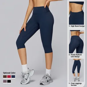 High-waisted navy yoga capri leggings with butt-lifting seams and five color options