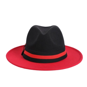 British style wool felt fedora hat featuring a black crown and contrasting red wide brim