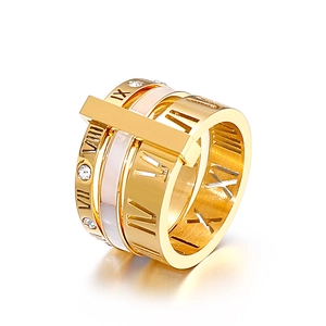 Stainless Steel Roman Numeral Ring Multi Layer Stackable With Shell And Rhinestone Fashion Jewelry For Women