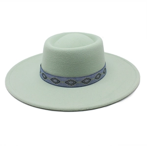 British style mint green wool felt fedora with a decorative purple geometric woven band