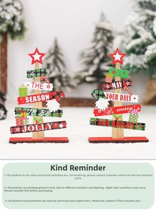 Detail of wooden Christmas tree ornaments with festive text and gnome on snowy background